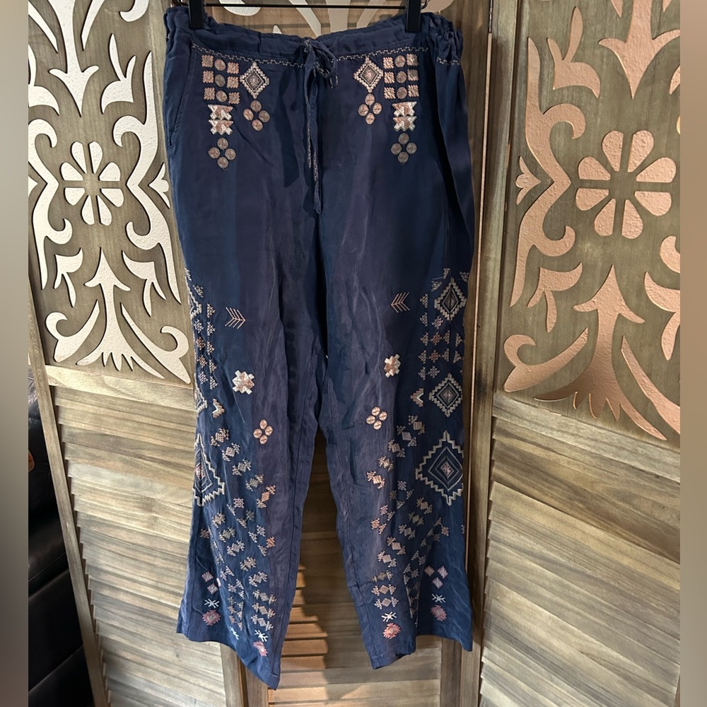 Biya Johnny Was Embroidered Wide Leg Cupra/Rayon Blend Pants Size S.